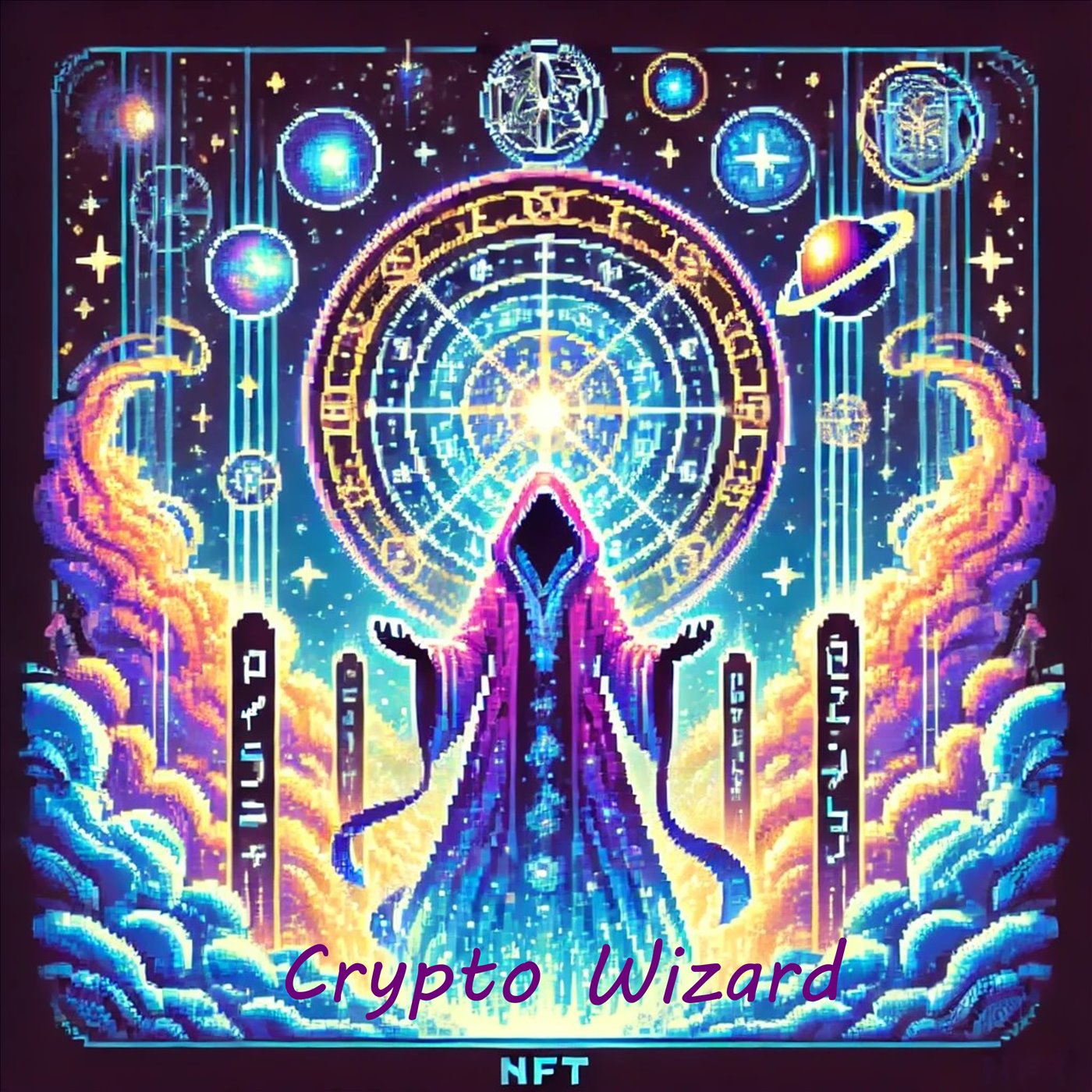 Crypto wizard artwork with neon celestial finance motifs