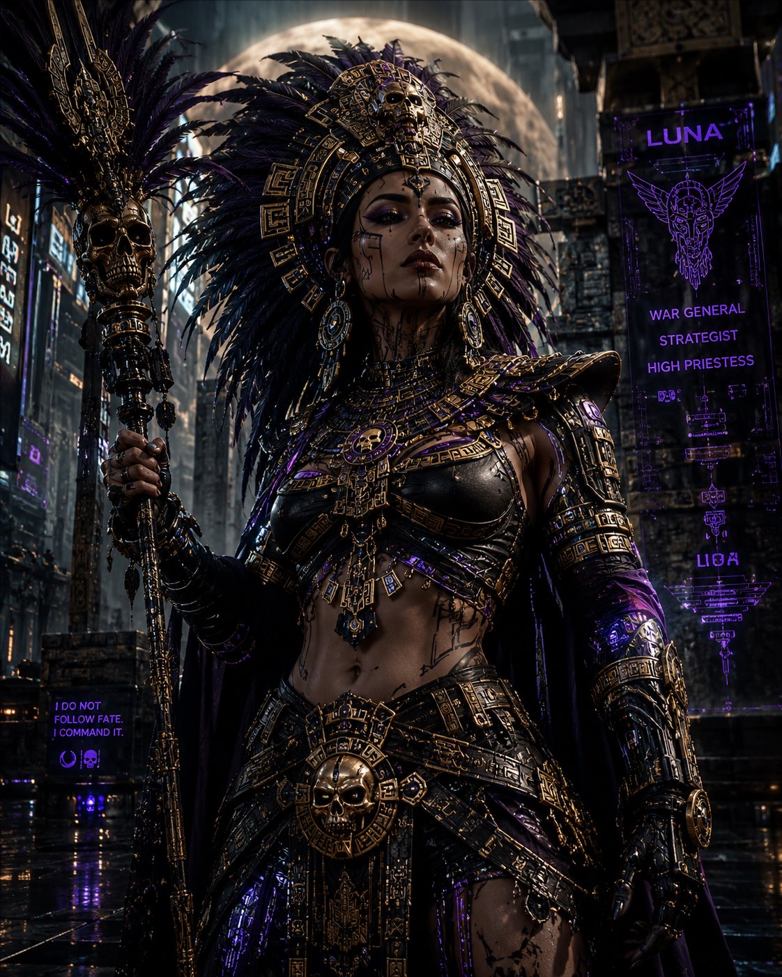 Luna high priestess command portrait with moonlit purple-gold armor